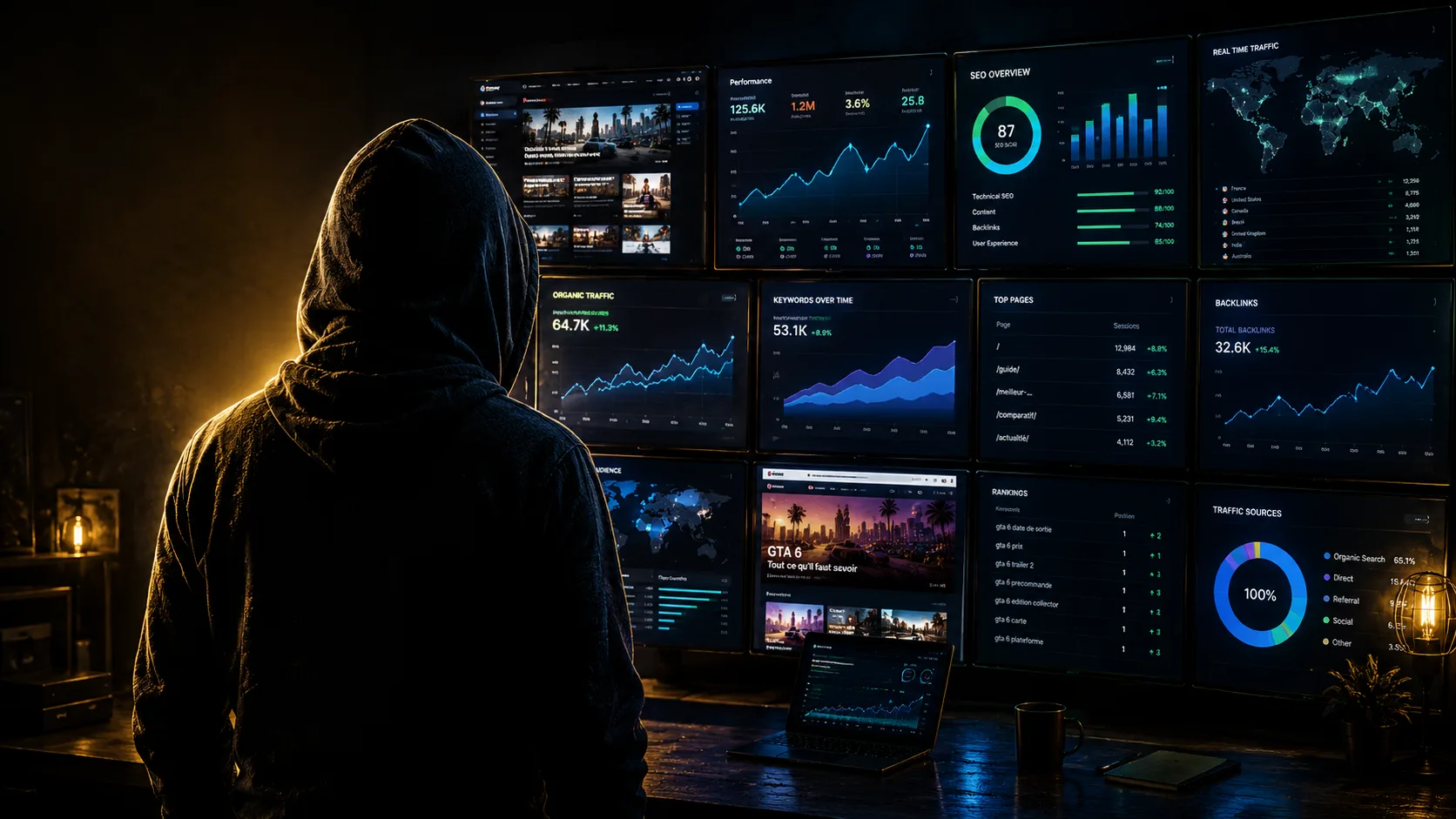 L'Ombre du Succès face à un mur d'écrans de ranking IA et SEO